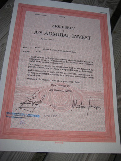 1985, AS ADMIRAL INVEST. NR. 20374.