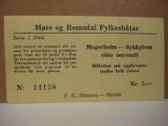 1964,serie 1, billett fra Møre og Romsdal Fylkesbåtar, Magerholm- Sykkylven eller omvendt, no. 14138
