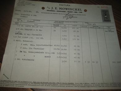 J E MOWINCKEL KOLONIAL - FETEVARER - FRUKT - MEL - FOR Bergen 11 1 1954 44732