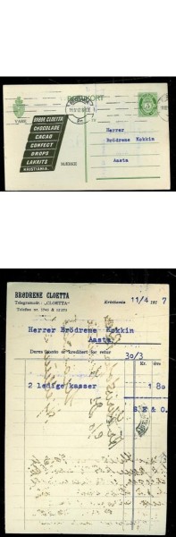 Brevkort med reklame for chocolade, cacao, confect, drops, lakrits fra Brødrene CLOETTA, Kristiania, 11/4 1917