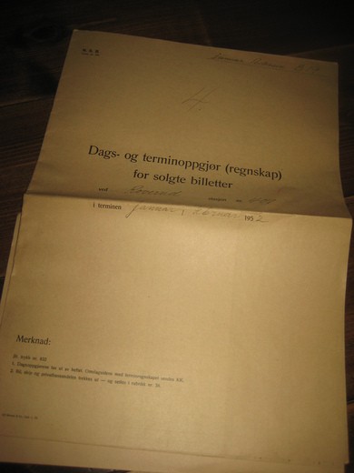 Dags og terminoppgjør (regneskap) for solgte billetter ved ROVERUD  stasjon nr 401  i terminen januar / februar 1952. 