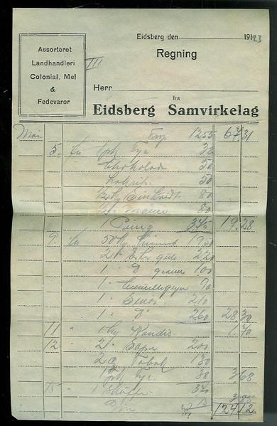 Faktura fra Eidsberg Samvirkelag i 1923 (mai)