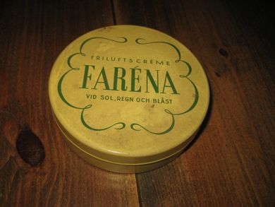 Boks uten innhold, FRILUFTSCREME FARENA. Fra Henrik Gahns Aktiebolag, Upsala, 50 tallet. 