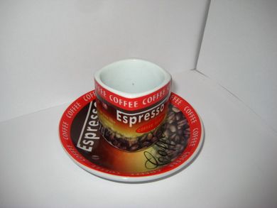 Kopp og tefat med reklame for Espresso kaffe. 70-80 tallet.