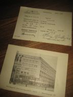Kvitering på betalt polise i NORSKE FORENDE LIVSFORSIKRINGSSELSKAP med bilde av selskapets forretningsgård på baksida Juli 1951