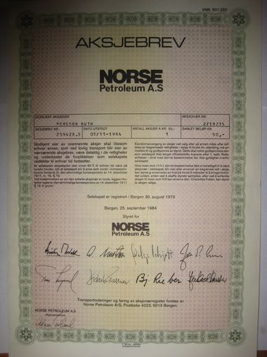NORSE PETROLIUM, 1  stk. aksjer, 1984. Aksjebrev nr 259428.5
