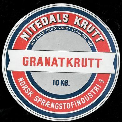 GRANATKRUTT fra Nitedals Krudtværk Etikett i strøken stand
