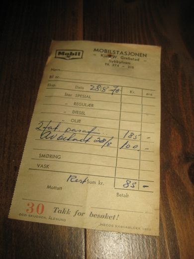 Kvitering fra Mobilstasjonen Sykkylven 28 8 70