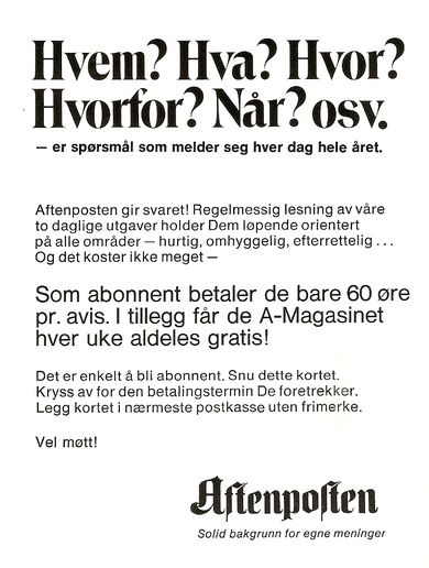 Abbonementsinnbydelse på Aftenposten i 1972