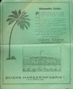 Grønn reklamesak fra Skiens Margarinfabrik