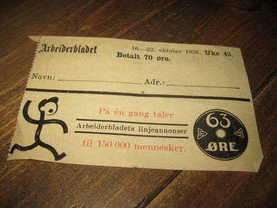 Kvitering fra Arbeiderbladet for betalt abbonement for uke 43, 1938.