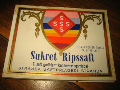 Etikett SUKRET RIPSSAFT fra Stranda Saftpresseri 60-70 tallet Lag din egen saft og bruk en dekorati etikett