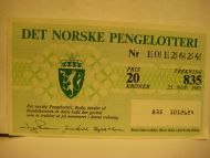 1985 trekning 835 DET NORSKE PENGELOTTERI Nr 1012624