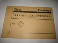 Sendelapp med reklame fra STRANDA SAFTPRESSERI, STRANDA,  60 tallet.