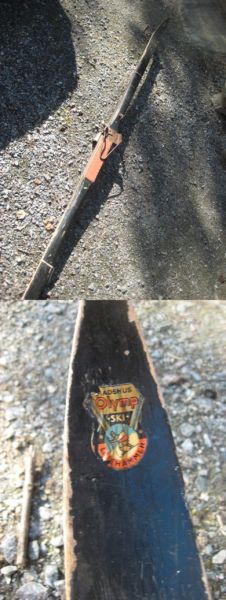 Gammelt pen og sjeldent par ski Madshus Olymp Lillehammer med komplette bindinger ca 225 cm lange 30-40 tallet