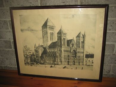 Nidarosdomen i Trondheim. Pent bilde i glass og ramme, tidleg 1900.