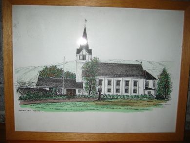 Bilde i glass og ramme fra SYKKYLVEN KYRKJE 60 tallet