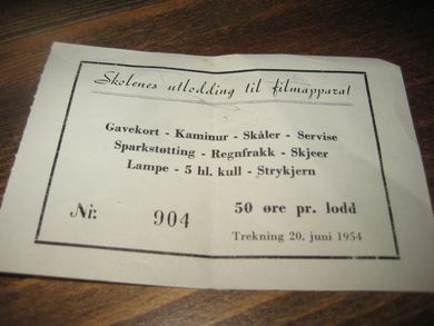 1954 Skolen utlodning til fimapparat 50 øre pr lodd Nr 904