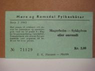 1963,serie 2, billett fra Møre og Romsdal Fylkesbåtar, Magerholm- Sykkylven eller omvendt, no. 71129