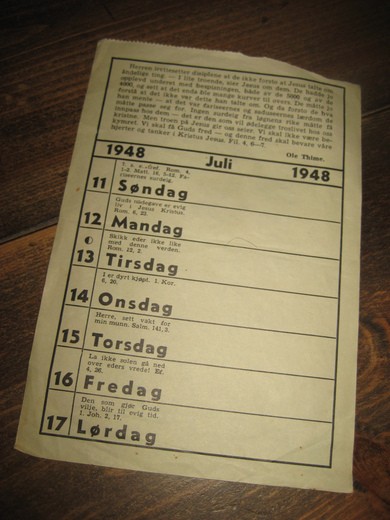 Kalenderblad fra juli 1948. 