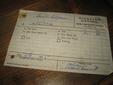 Kvitering fra RINGSTAD HANDEL ESSO BENSINSTASJON STRANDA 1 9-1965
