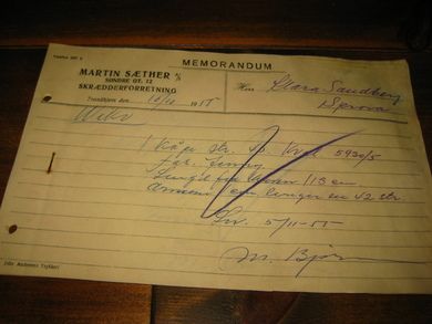 MEMORANDUM fra MARTIN SÆTHER SKRÆDDERFORRETNING Trondhjem 1955
