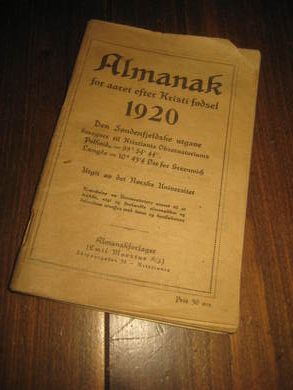 1920, ALMANAKK FOR ÅRET EFTER KRISTI FØDSEL. DEN SØNNENFJELDSKE UTGAVE.