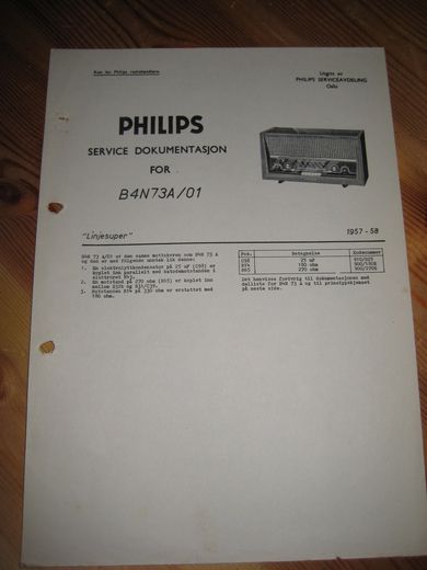 Phillips sercice dokumentasjon for B4N73A/01. 1957-58.