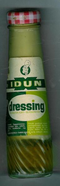 Flaske med ubrukt innhold, IDUN dressing fra IDUN NOREX Fabrikker, Oslo. 70 tallet