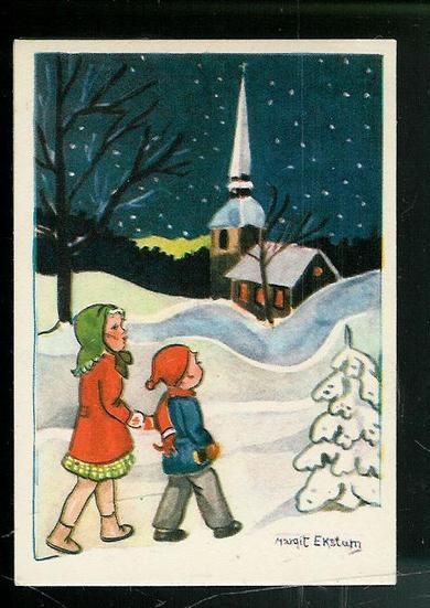 Julenatt, jule- / nyttårskort tegna av Margit Ekstam.