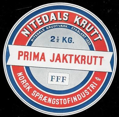 PRIMA JAKTKRUTT fra Nitedals Krudtværk. Etikett i strøken stand.