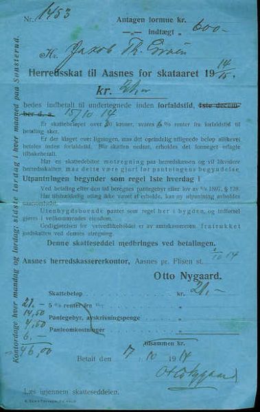 Herredsskatt til Aasnes for skatteåret 1914.