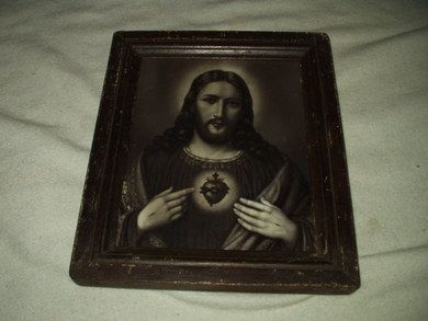 Bilde med religiøst motiv i glass og ramme 1800 tallet