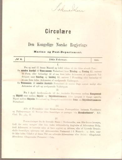 1885,nr 004, Cirkulære fra Den Kongelige Norske Regjerings Marine- og Post- Departement.