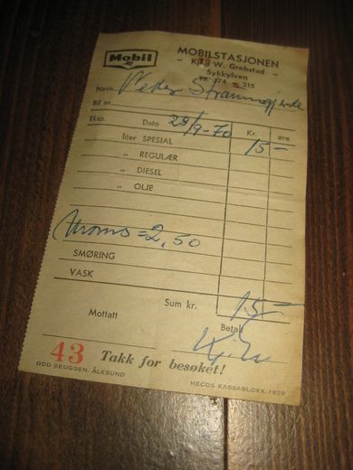 Kvitering fra Mobilstasjonen Sykkylven 28 9 70