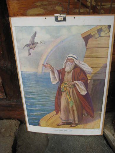 Noa og arka. Religiøst motiv på plate, ca 54*87 cm stort. 