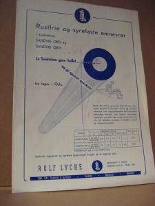 Brosjyre for Rustfrie og syrefaste emnesrør, fra Rolf Lycke, Oslo, 15.6. 1960.
