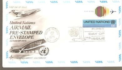 1975, FDC UNITED NATIONS,  AIRMAIL PRE- STAMPED ENVILOPE, 10. januar.