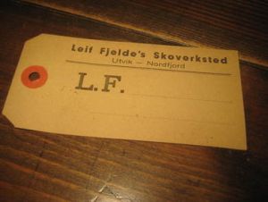 Ubrukt sendingslappe fra Leif Fjelde Skoverksted, Utvik, 50-60 tallet.
