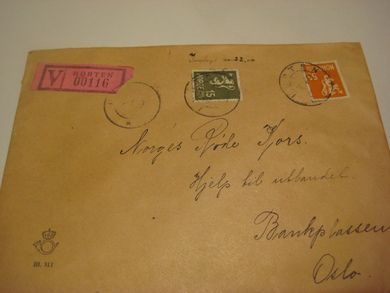 Verdibrev fra HORTEN 10 4 1947 Stempel med frankering også på baksida