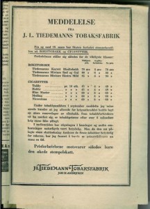 MEDDELELSE fra J.L.TIEDEMANNS TOBAKSFABRIK, 13. MARS 1940