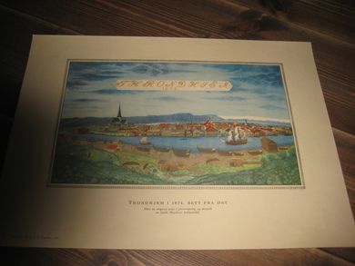 TRONDHJEM I 1674 SETT FRA ØST Efter en usignert kopi i pennetegning og akvarell av Jacob Maschius kobberstikk