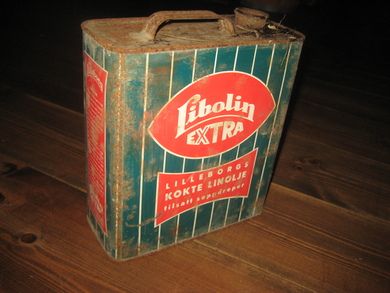 Kanne uten innhold, LILLEBORGS KOKTE LINOLJE, LIBOLIN EXTRA. 5 LITER, 50-60 TALLET. 