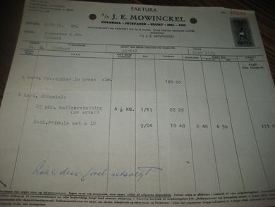 J E MOWINCKEL KOLONIAL - FETEVARER - FRUKT - MEL - FOR Bergen 15 3 1954 48286