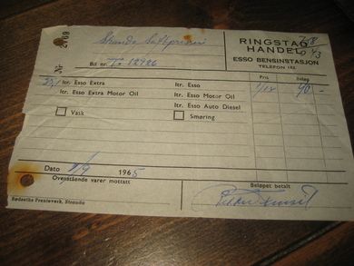 Kvitering fra RINGSTAD HANDEL ESSO BENSINSTASJON STRANDA 11 9-1965