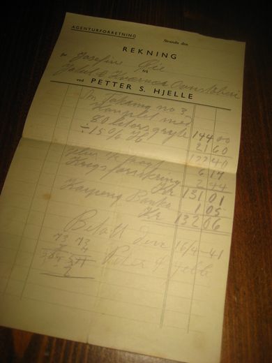 REKNING fra PETTER S HJELLE STRANDA 1942