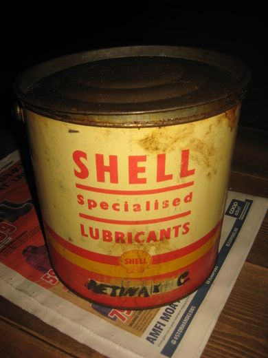 Stor spann med lokk og hank SHELL LUBRICANTS 50 tallet