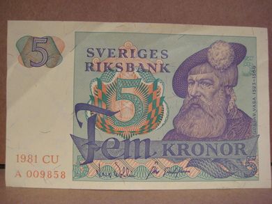 1981 CU, 5 KRONOR, A 009858, meget pen seddel