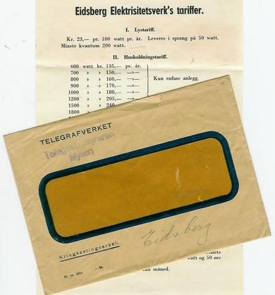 Brev fra Telegrafverket Mysen 1939