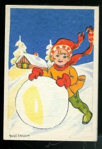 Leik i snø, jule- / nyttårskort tegna av Margit Ekstam.